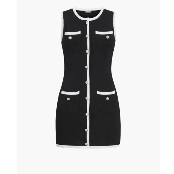 Commense Sleeveless Sweater Mini Dress Button-Front Contrast Trim Black White M - Picture 5 of 10